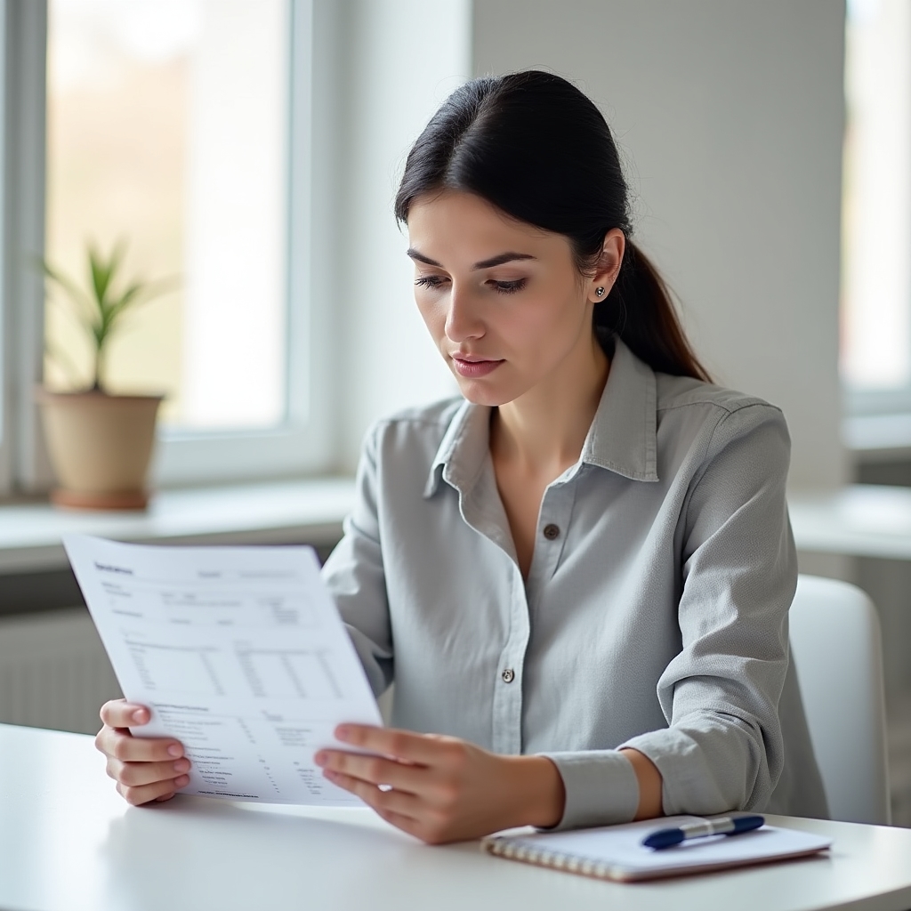 Persoană care citește un fluturar de salariu la birou